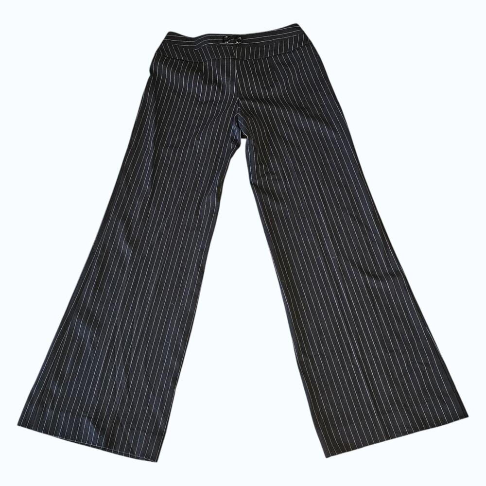 Arden B Y2K Black Pinstripe Wide Leg Dress Pants Chevron Waist Button Size 2 - Picture 3 of 9